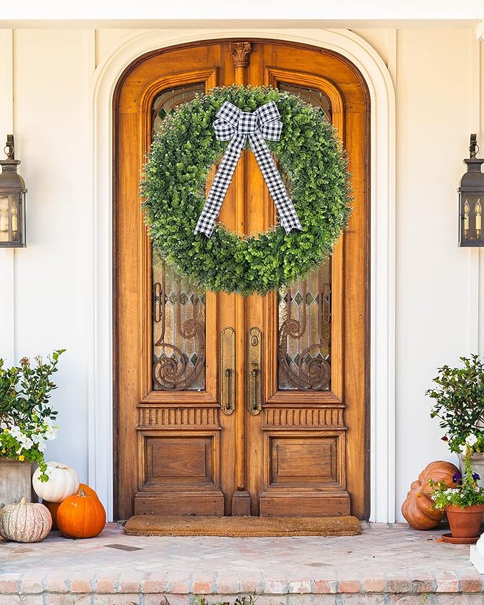 Vlorart 32" Faux Round Boxwood Wreath, Artificial Large Boxwood Wreath Front Door Wreaths Artificial Spring Summer Greenery Hanging with A Plaid Bow for Villa Wall Hanging Window Wedding Party Decor