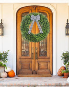 Vlorart 32" Faux Round Boxwood Wreath, Artificial Large Boxwood Wreath Front Door Wreaths Artificial Spring Summer Greenery Hanging with A Plaid Bow for Villa Wall Hanging Window Wedding Party Decor