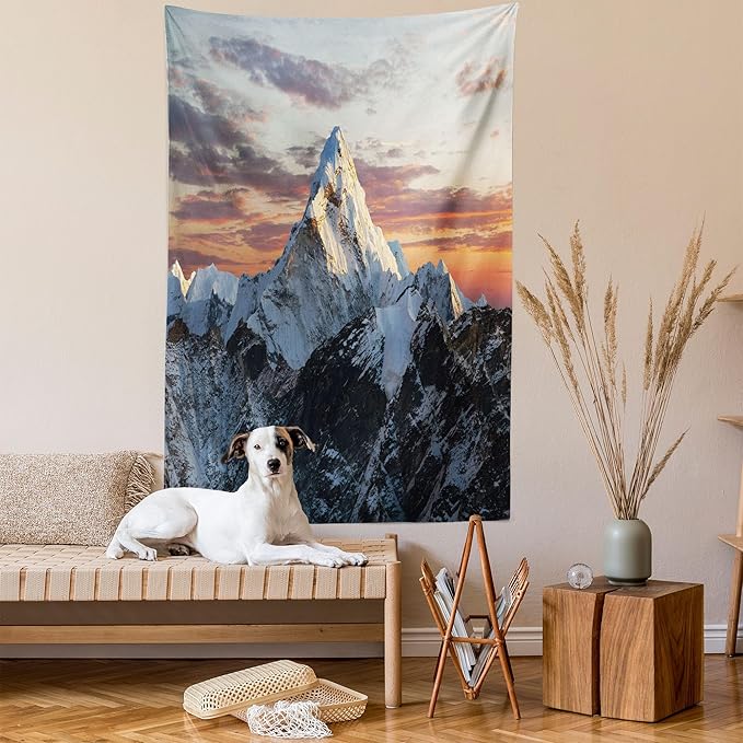 Ambesonne Mountain Tapestry, Evening South High Hill Above the Sky Colorful Nepal Everest Photo, Fabric Wall Hanging Decor for Bedroom Living Room Dorm, 23" X 28", Bluegrey Salmon