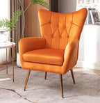 Modern Chic Mid-Century Velvet Accent Armchair for Living Room, Bedroom, or Home Office, Button-Tufted Wingback Design with Gold Flared Legs, Orange