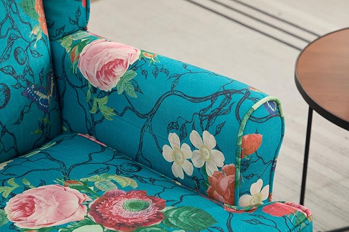 KEIKI Floral Accent Chair for Living Room - Stylish Vintage Elegance with Retro Wood Legs, Upholstered Armchair for Modern Comfort