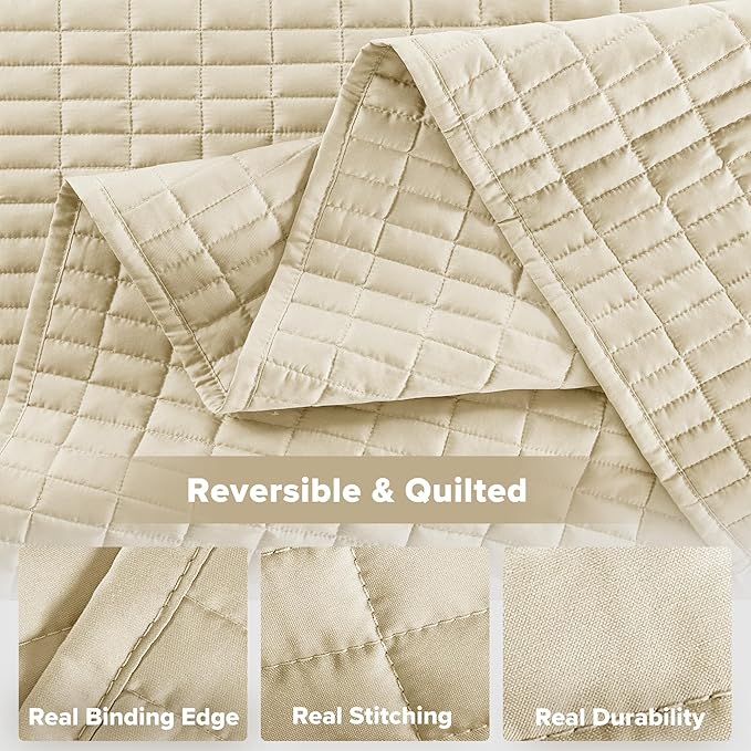 Comfort Spaces Ivory Oversized King Quilt Set 120"x118" Bedspread Quilted Summer Lightweight Microfiber Bedding Coverlet with Double Sided Stitching Soft All Season Cozy 3 Piece with Matching Shams