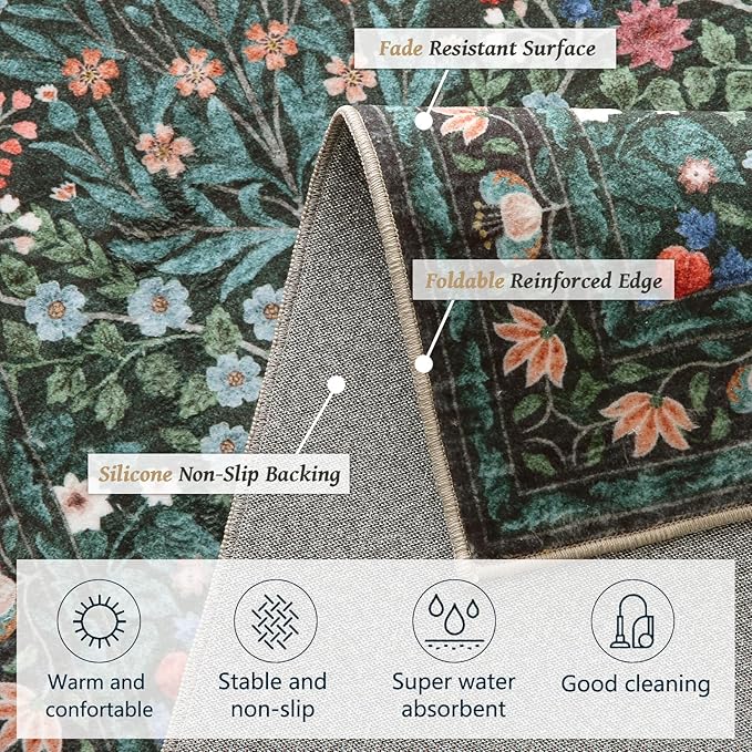 Floral Dark Green Area Rugs 8x10, Soft Washable Non-Slip Boho Forest Large Rug for Living Room, Bedroom, Farmhouse Dining Room & Office