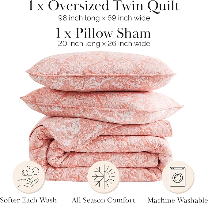 Southshore Fine Living, Inc. Twin XL Quilt Bedding Set, Boho Coverlet, Reversible Quilt, All Season 2-Piece Set with One Matching Quilted Pillow Sham, All Season Twin/XL Bedspreads for Adult, Coral