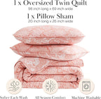 Southshore Fine Living, Inc. Twin XL Quilt Bedding Set, Boho Coverlet, Reversible Quilt, All Season 2-Piece Set with One Matching Quilted Pillow Sham, All Season Twin/XL Bedspreads for Adult, Coral