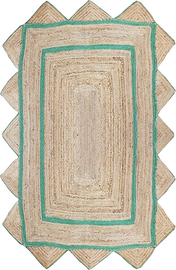 Scalloped Edge Rug, Hand Woven Natural Jute Area Rug, 12x18 Ft Beige & Green Braided Sisal Kilim Rugs for Living Room, Kitchen, Entryway, Farmhouse