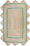 Scalloped Edge Rug, Hand Woven Natural Jute Area Rug, 4x4 Ft Square Beige & Green Braided Kilim Rugs for Living Room, Kitchen, Entryway, Farmhouse