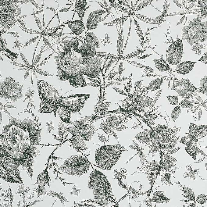 Drawers Liner Contact Paper for Dresser Peel and Stick Wallpaper Sketched Design 15.7x196.8in Self Adhesive Removable Green Maroon Rose Floral Butterfly Vintage Cabinet Shelf Renter Friendly