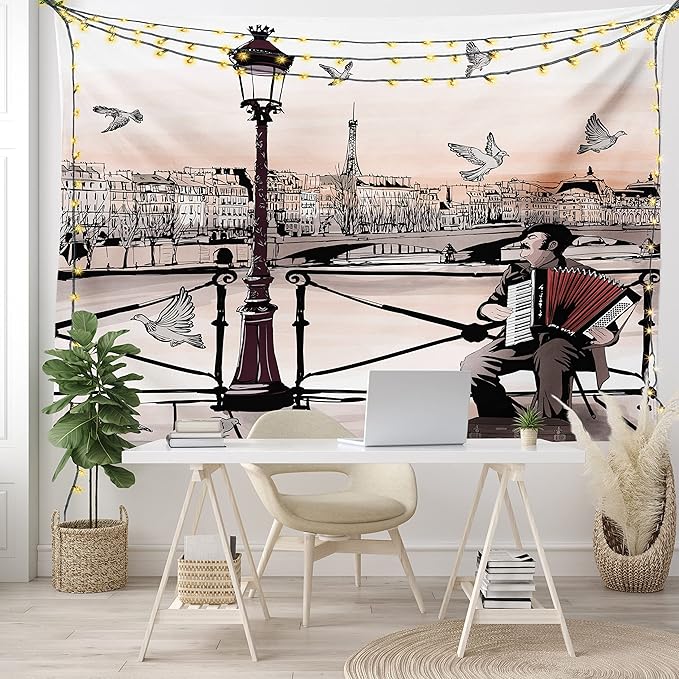 Ambesonne Music Tapestry King Size, Accordionist Playing Paris Street Urban European Famous City Panorama Graphic Scene, Wall Hanging Bedspread Bed Cover Wall Decor, 104" X 88", Peach Brown