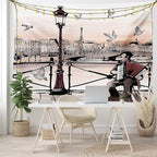 Ambesonne Music Tapestry King Size, Accordionist Playing Paris Street Urban European Famous City Panorama Graphic Scene, Wall Hanging Bedspread Bed Cover Wall Decor, 104" X 88", Peach Brown