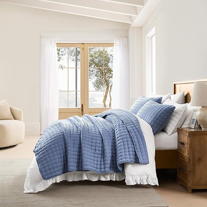 WDCOZY Blue Queen Size Quilt Bedding Sets with Pillow Shams, Lightweight Soft Bedspread Coverlet, Quilted Blanket Thin Comforter Bed Cover, All Season Summer Spring, 3 Pieces, 90x90 inches