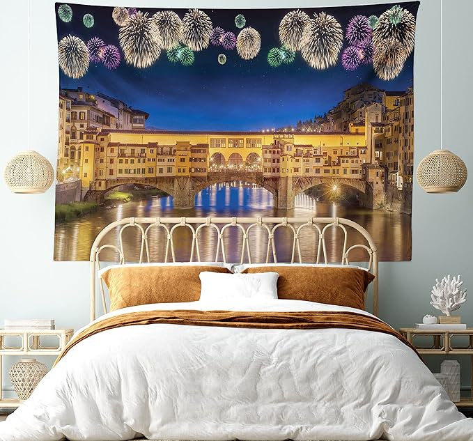 Ambesonne Landscape Tapestry King Size, Night Panoramic View Vecchio Bridge Florence Italy Colorful Fireworks, Wall Hanging Bedspread Bed Cover Wall Decor, 104" X 88", Purple Yellow