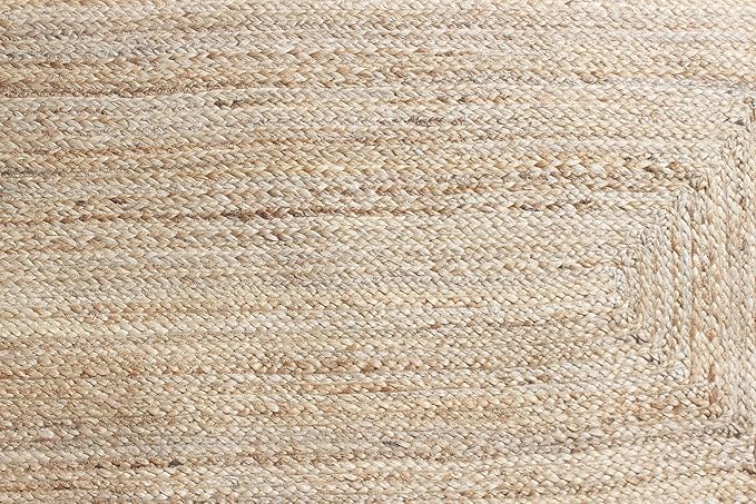 Scalloped Edge Rug, Hand Woven Natural Jute Area Rug, 8x8 Ft Square Beige & Pink Braided Kilim Rugs for Living Room, Kitchen, Entryway, Farmhouse