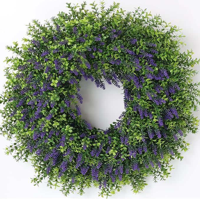 26" Artificial Lavender & Boxwood Wreath for Front Door - Large Faux Purple Greenery Outdoor Wreath for Home, Farmhouse, Window, Wall Decor | Spring Summer All Seasons