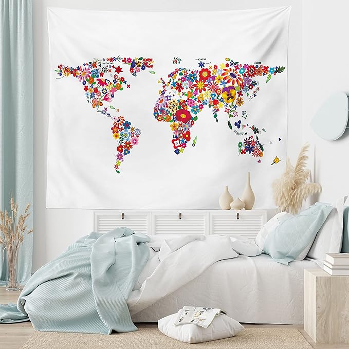 Ambesonne Floral World Map Tapestry, Bunch of Flower Petals Essence Fragrance Garden Growth Theme Atlas Image, Fabric Wall Hanging Decor for Bedroom Living Room Dorm, 45" X 30", Red White