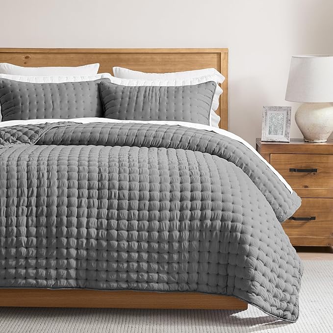 WDCOZY Dark Grey King Size Quilt Bedding Sets with Pillow Shams, Deep Lightweight Bedspread Coverlet, Quilted Blanket Thin Comforter Bed Cover, All Season Summer Spring, 3 Pieces, 104x90 inches