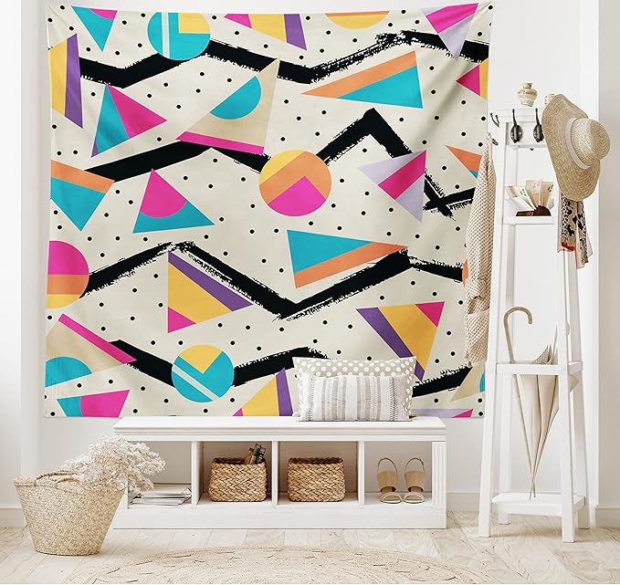 Ambesonne Indie Tapestry King Size, Eighties Memphis Fashion Style Geometric Abstract Colorful Design Dots Funky, Wall Hanging Bedspread Bed Cover Wall Decor, 104" X 88", Cream Pink