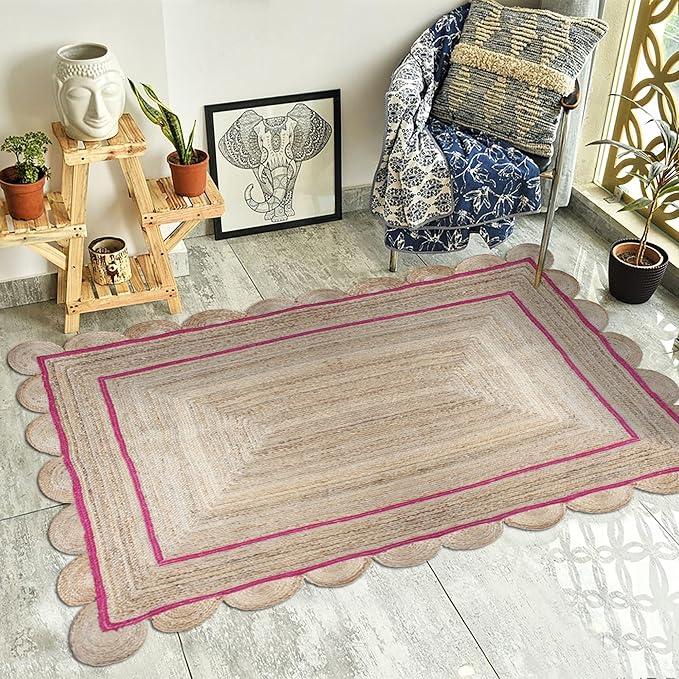 Scalloped Edge Rug, Hand Woven Natural Jute Area Rug, 9x12 Ft Beige & Pink Braided Sisal Kilim Rugs for Living Room, Kitchen, Entryway, Farmhouse