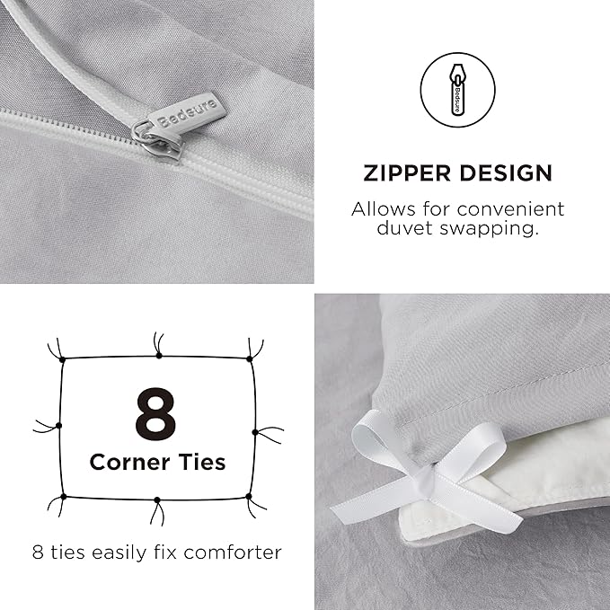 Bedsure Duvet Cover Queen Size with Fitted Sheet - 4 Pieces Prewashed Cotton-Like Extra Soft Bedding Set, Includes 1 Duvet Cover 90x90 Inches, 2 Pillow Shams, 1 Fitted Sheet, Light Grey