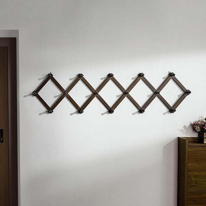 Dseap Accordion Wall Hanger:16'' High Wooden Wall Expandable Coat Rack,Hat Rack Holder,Accordion Hook for Baseball Caps,Coats,16 Peg Hooks,Dark Walnut