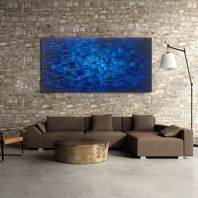 MyArton Large Abstract Dark Blue Square Wall Art Hand Painted Textured Oil Painting on Canvas Ready To Hang 60x30inch