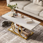 GiftGo Rustic Coffee Table with Storage Modern 3 Tier Center Living Room Table Faux Marble Wooden Rectangle Cocktail Tea Table for Office Bedroom Elegant Full Moon Design (White Gold, L-47)