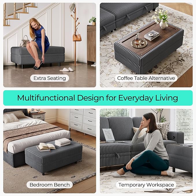 LINSY HOME Sectional Sleeper Sofa Storage Ottoman Bench, Convertible Coffee Table Plush Corduroy Couch Ottoman Footstool for Living Room, Bedroom Entryway and Family Room, Grey
