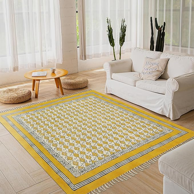 Area Rug 5' Square Rug Yellow & Beige Cotton Dhurrie Oriental Thick 0.19 inches Stone Easy Washable Rug Hand Wash Cotton Carpet Flatweave Rug Indoor Outdoor Rugs for Kitchen, Bedside, Enterway