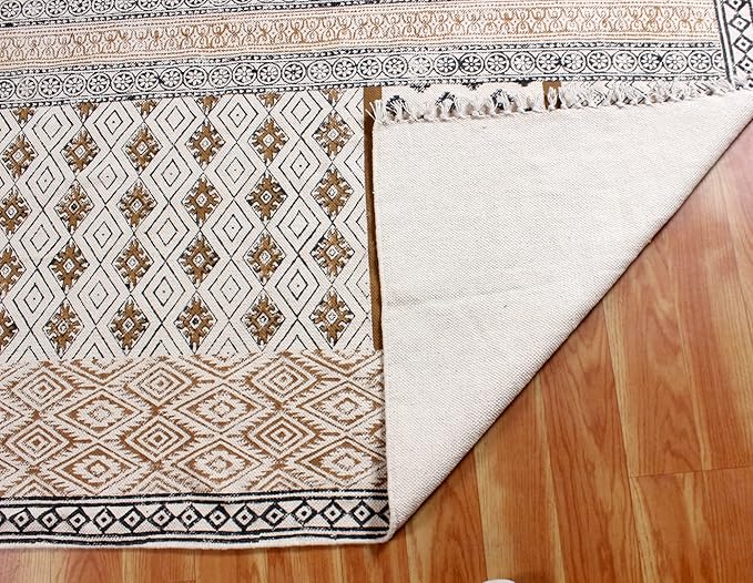 Area Rug 3' Square Rug Brown & Black Cotton Dhurrie Geometric Thick 0.19 inches Stone Easy Washable Rug Hand Wash Cotton Carpet Flatweave Rug Indoor Outdoor Rugs for Kitchen, Bedside, Enterway