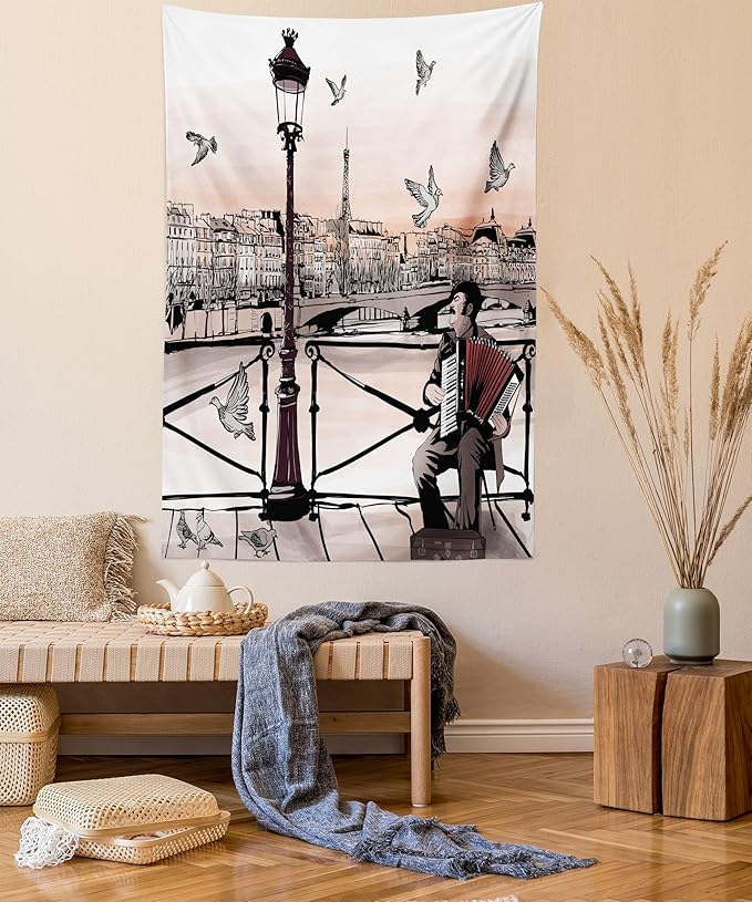 Ambesonne Music Tapestry, Accordionist Playing Paris Street Urban European Famous City Panorama Graphic Scene, Fabric Wall Hanging Decor for Bedroom Living Room Dorm, 23" X 28", Peach Brown