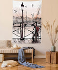 Ambesonne Music Tapestry, Accordionist Playing Paris Street Urban European Famous City Panorama Graphic Scene, Wall Hanging for Bedroom Living Room Dorm Decor, 60" X 80", Peach Brown