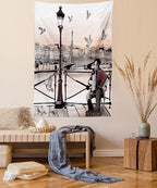 Ambesonne Music Tapestry Queen Size, Accordionist Playing Paris Street Urban European Famous City Panorama Graphic Scene, Wall Hanging Bedspread Bed Cover Wall Decor, 88" X 88", Peach Brown