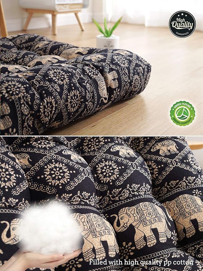 Boho Square Floor Seat Pillows Cushions 22" x 22", Soft Cotton Linen Bohemian Yoga Mandala Meditation Pouf Tatami Floor Pillow Cushion for Living Room Adults & Kids Casual Reading Nooks,Elephant B