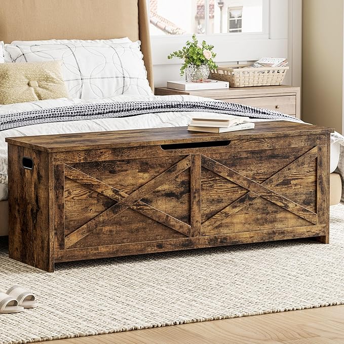 GarveeHome 47.2 in Storage Chest, Wooden Storage Bench with Safety Hinges, Easy Assembly, Large Shoe Bench for Entryway, Living Room, Bedroom