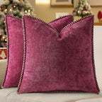 decorUhome Spring Chenille Soft Cozy Throw Pillow Covers 24x24 Set of 2, Modern Farmhouse Boho Velvet Decorative Euro Sham Pillow Cases with Stitched Edge for Couch Sofa Bed Home Decor, Rhododendron