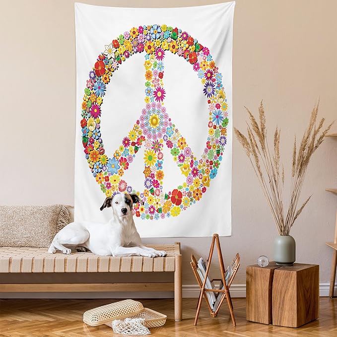 Ambesonne Groovy Tapestry, Floral Peace Sign Summer Spring Blooms Love Happiness Themed Illustration Print, Fabric Wall Hanging Decor for Bedroom Living Room Dorm, 30" X 45", Red White