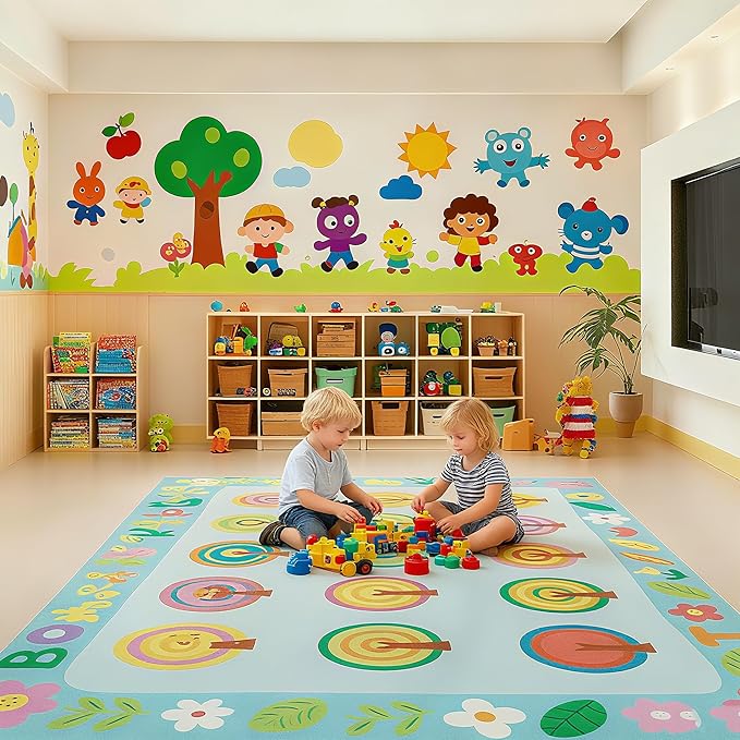 Large Classroom Carpet Rug, Educational Areas Rug Non-Slip Playmat Painted Small Tree Pattern, Washable Loop Pile Carpet for Playroom, Livingroom,Bedroom, Seats 30 7.6 x 13ft
