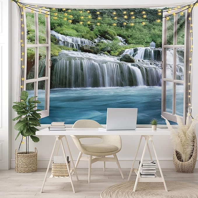 Ambesonne Waterfall Tapestry Queen Size, Majestic Waterfall Landscape Through a Window Imaginary Secret Paradise Print, Wall Hanging Bedspread Bed Cover Wall Decor, Queen Size, Blue Green