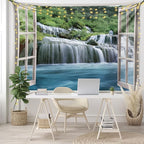 Ambesonne Waterfall Tapestry King Size, Majestic Waterfall Landscape Through a Window Imaginary Secret Paradise Print, Wall Hanging Bedspread Bed Cover Wall Decor, King Size, Blue Green