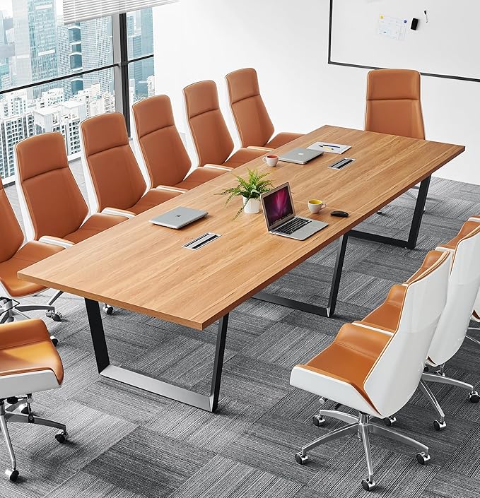 Sturdy Conference Table with Cable Management Grommets Modern Rectangle Office Meeting Table with Wood Tabletop and Metal Frame & Legs- Easy Assembly Boardroom Table (Natural, 12 Foot)