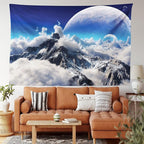 Ambesonne Fantasy Tapestry King Size, Celestial View of Snow Capped Mountains and Alien Planet Print, Wall Hanging Bedspread Bed Cover Wall Decor, 104" X 88", White and Navy Blue