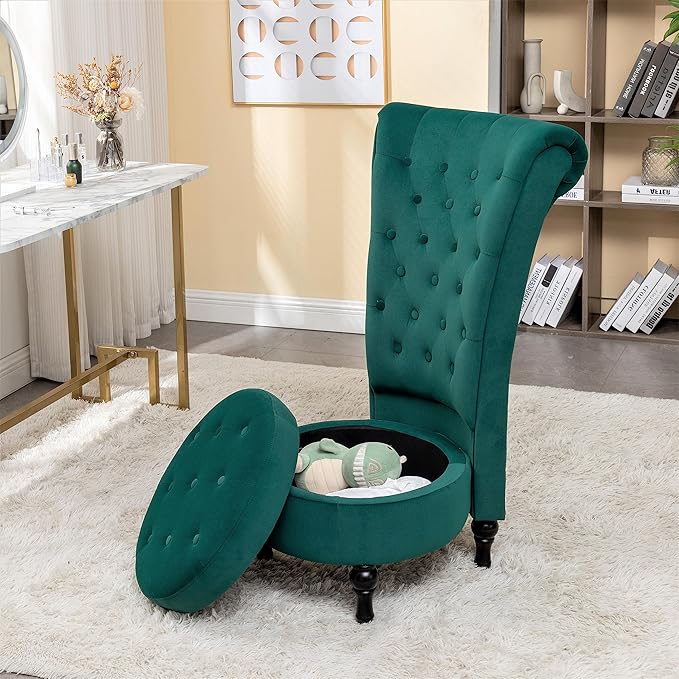 Royal High-Back Velvet Accent Chair for Vanity with Storage and Luxurious Upholstery, Retro Design and Versatile Usage for Living Room, Bedroom, Lounge and Office, Green