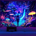 Blacklight Tapestry Girl Adventurer Tapestries Fantasy Forest Mushroom Trippy Starry Sky Cool Wall Hanging Neon Nature Plant Decor for Bedroom 79X59in