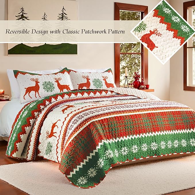 Whale Flotilla Christmas Quilt Twin Size, Soft Boho Floral Bedspreads for Bed Reversible Lightweight Twin Quilt Bedding Set Coverlets with 1 Pillow Sham for All Seasons, Happy Snowflake