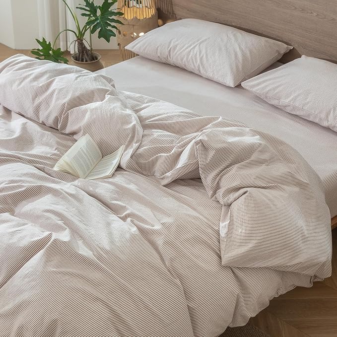 MooMee Striped Duvet Cover Set 100% Washed Cotton Linen Like Textured Breathable Durable Soft Comfy (Orange Pinstripes, Oversized Queen 98"x98")