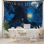 Ambesonne Forest Tapestry, Night with Home in Trunk of Enchanted Tree, Fabric Wall Hanging Decor for Bedroom Living Room Dorm, 30" X 45", Dark Night Blue Mustard