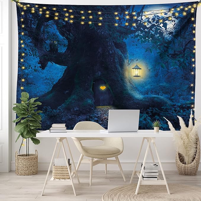 Ambesonne Forest Tapestry Queen Size, Night with Home in Trunk of Enchanted Tree, Wall Hanging Bedspread Bed Cover Wall Decor, 88" X 88", Dark Night Blue Mustard