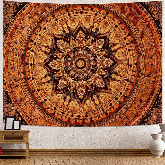 Lifeel Orange Mandala Tapestry, Bohemian Medallion Hippie Decor Home Tapestries for Bedroom Living Room, 36x48 inches