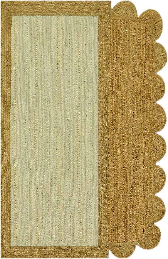 Scalloped Edge Rug, Hand Woven Natural Jute Area Rug, 7x10 Ft Beige & Brown Braided Sisal Kilim Rugs for Living Room, Kitchen, Entryway, Farmhouse