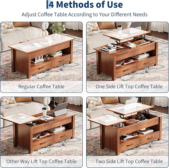IDEALHOUSE 47.2" Coffee Table with Storage, Multi-Function Lift Top Coffee Table with Wooden Lift Tabletop, 2 Drawers and Hidden Compartment, Central Table for Living Room Home Office, Brown